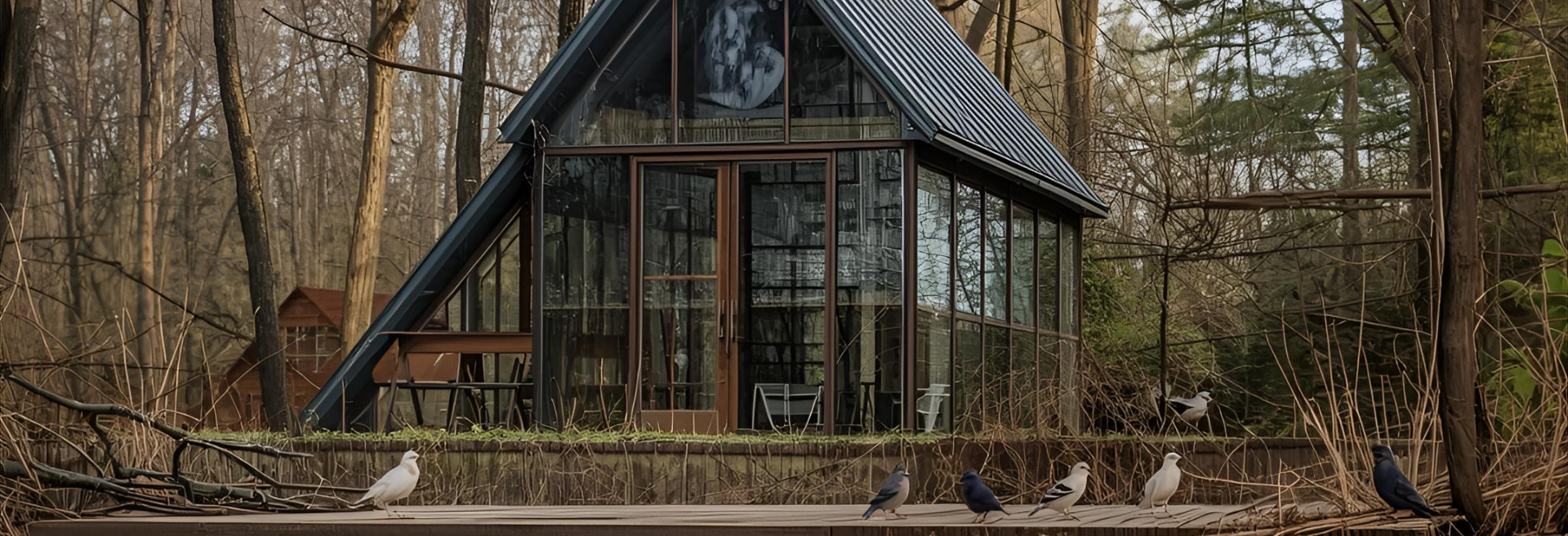 glass lodge with birds