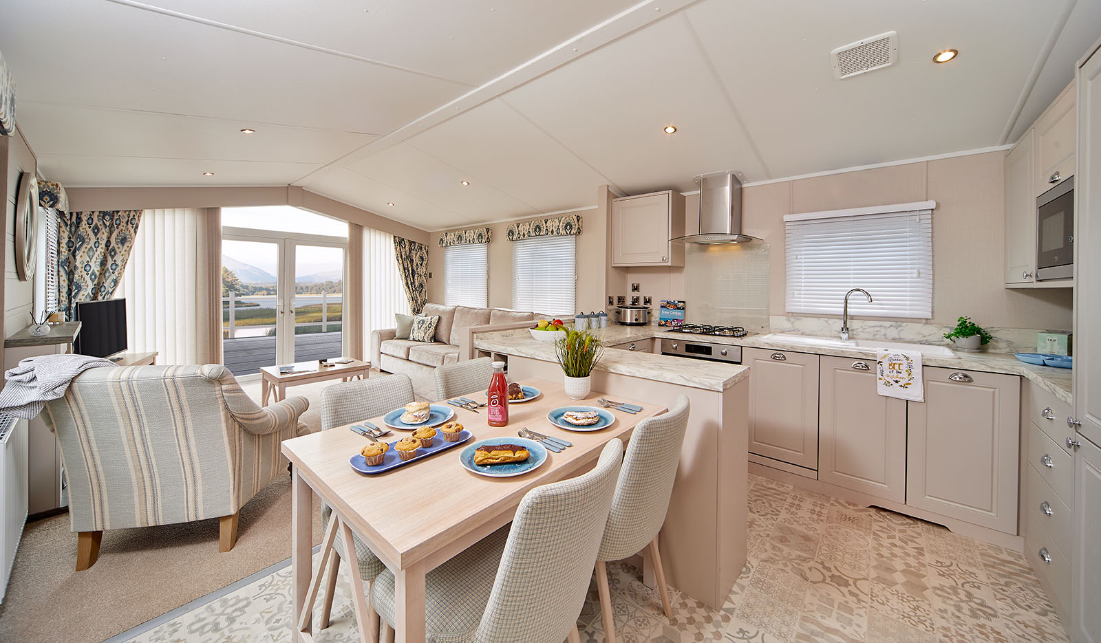 open plan kitchen and lounge inside a holiday lodge - holiday lodges for sale in Worcestershire