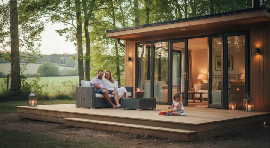 Family relaxing on the deck of a modern timber holiday lodge in the countryside