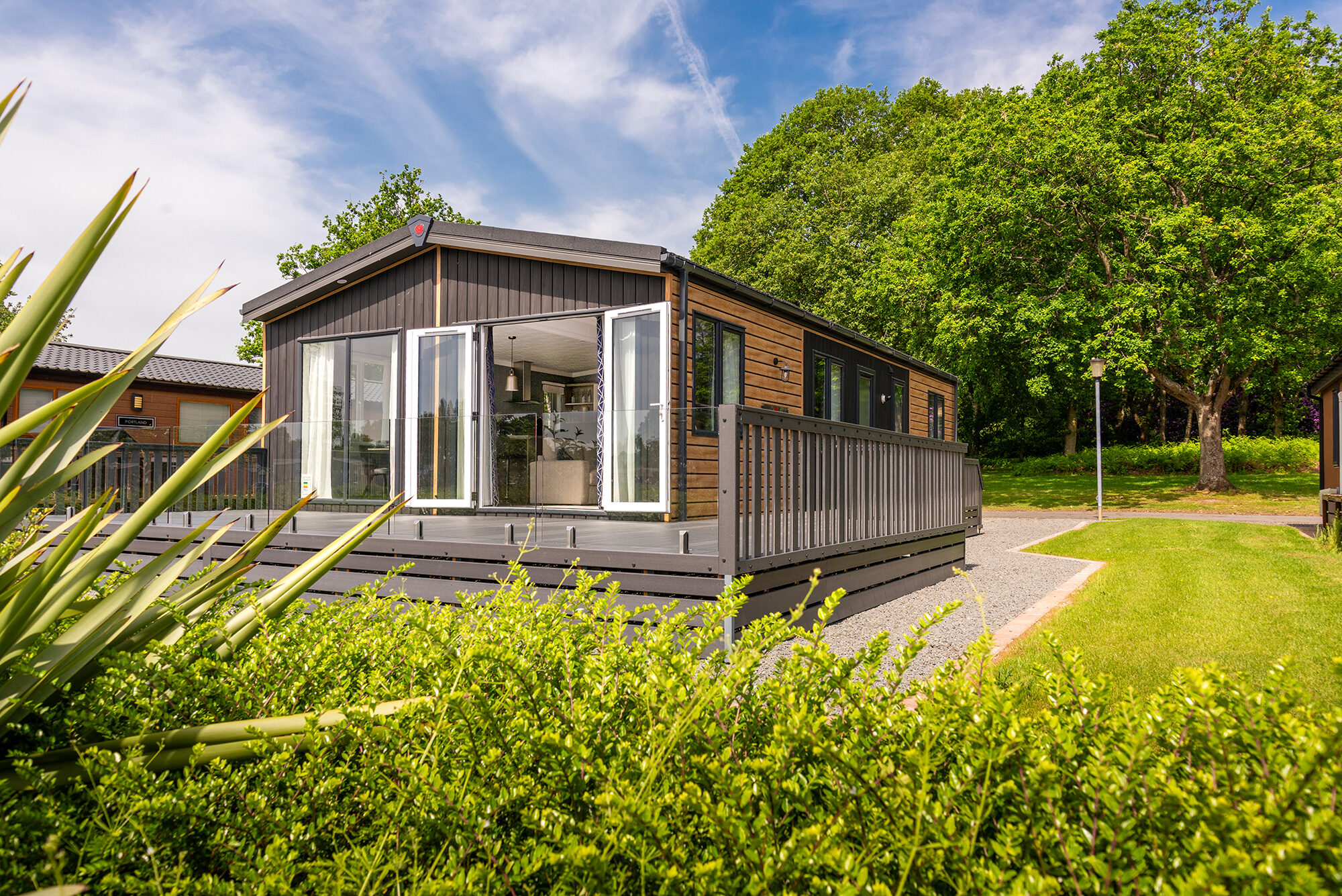 holiday lodge exterior with decking - holiday lodges for sale in Herefordshire