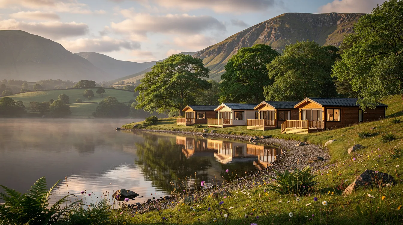 Luxury lodge with hot tub on private deck overlooking Welsh countryside at dusk