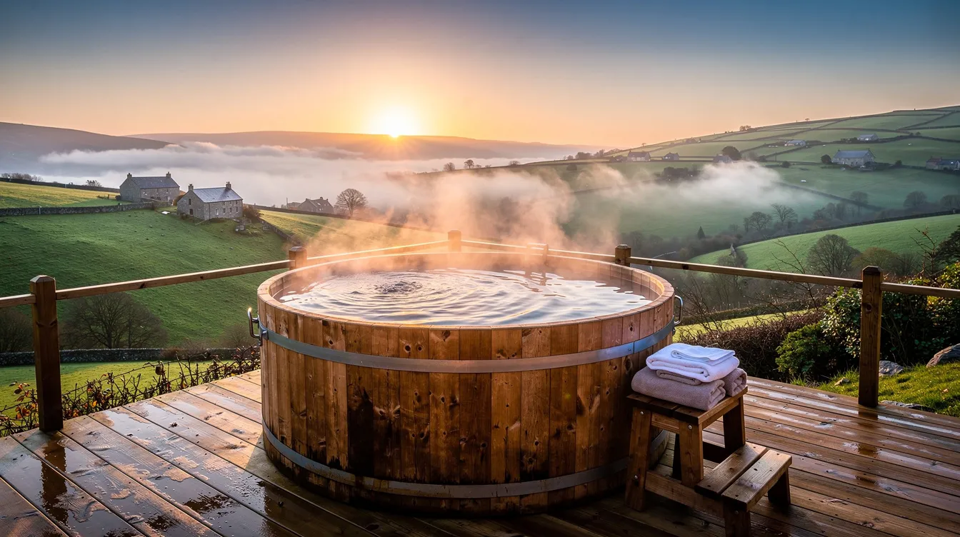 Hot tub on a lodge deck overlooking misty countryside at sunrise.