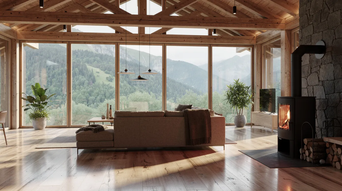 Luxury log cabin interior with mountain views and wood-burning stove.