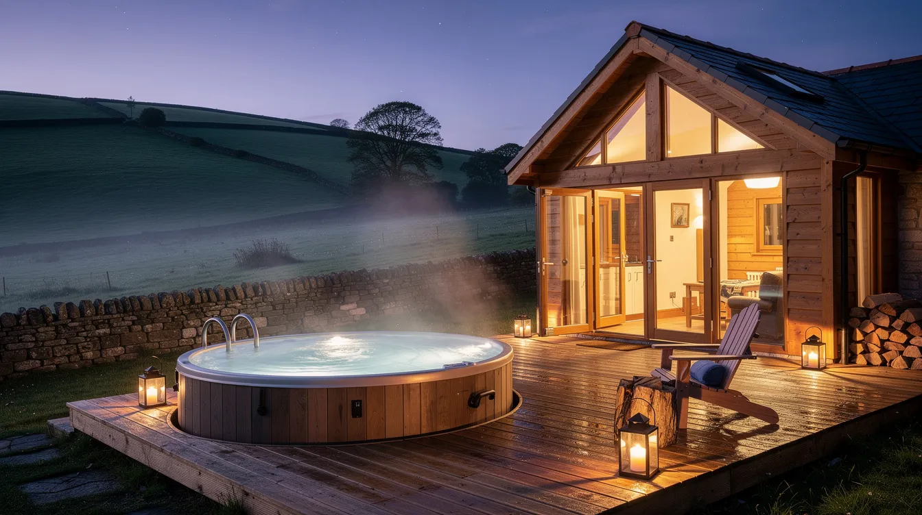 Luxury lodge with hot tub on private deck overlooking Welsh countryside at dusk.
