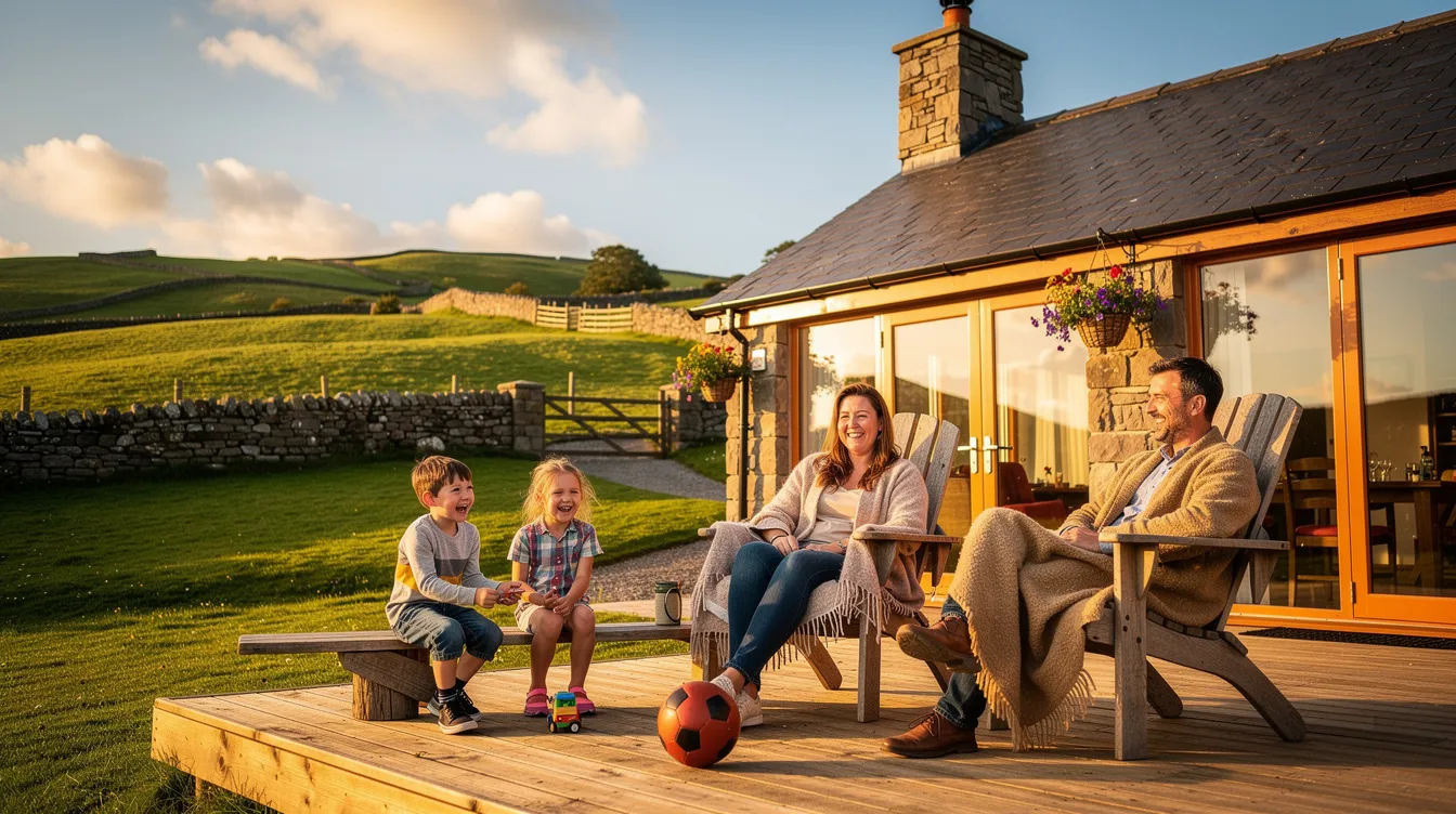 Family relaxing on the deck of a dog friendly luxury lodge in Wales.