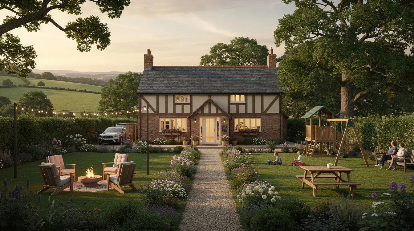 Family lodge in Worcestershire countryside with garden, fire pit and play area.