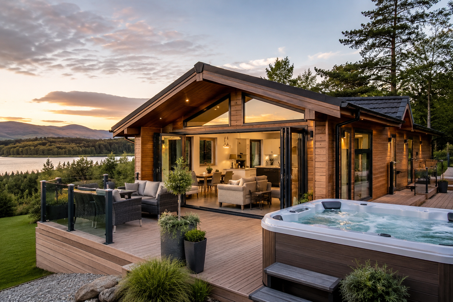 Luxury lodge with hot tub and private deck overlooking a Scottish loch at sunset.