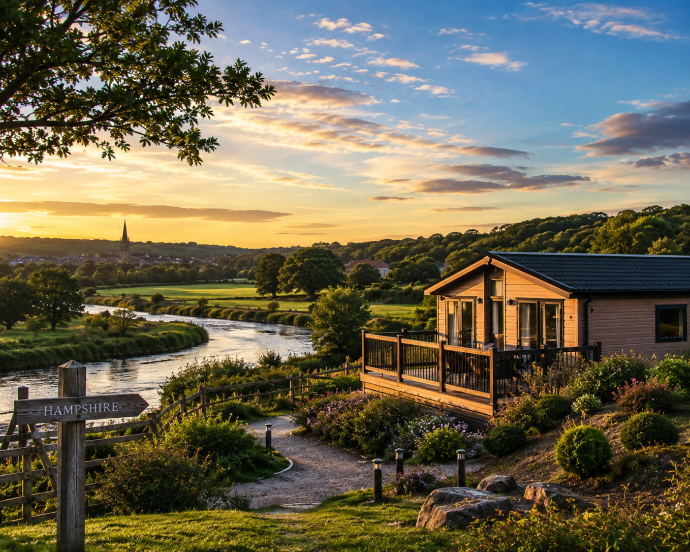 Riverside lodge in Hampshire overlooking the river valley at sunset.