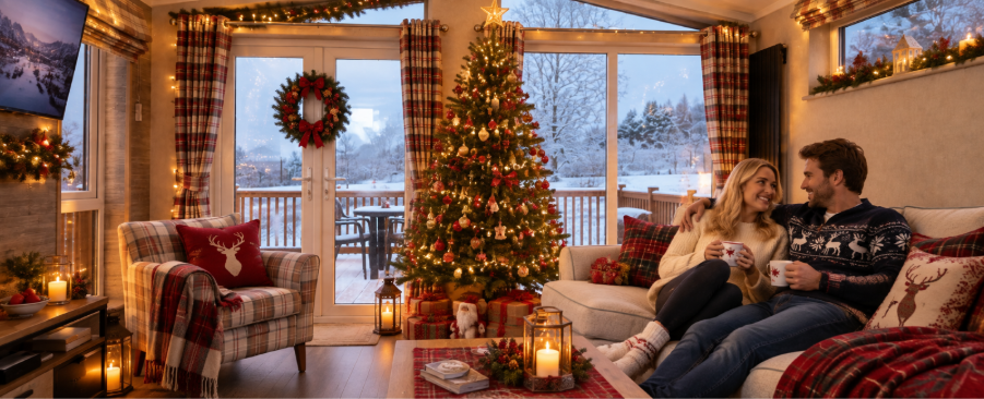 Couple relaxing in a cosy holiday lodge living room with countryside views.